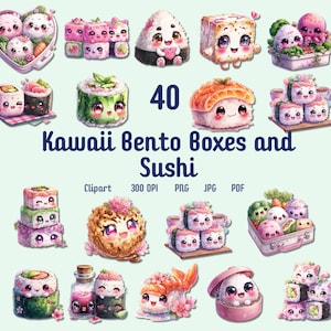 40 Kawaii Bento & Sushi Clipart PNG Bundle, Adorable Japanese Food Clip Art for Scrapbooking, Planners, Sublimation