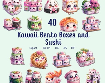 40 Kawaii Bento & Sushi Clipart PNG Bundle, Adorable Japanese Food Clip Art for Scrapbooking, Planners, Sublimation