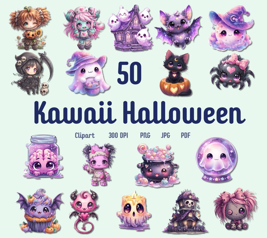 50 Kawaii Halloween Clipart Bundle, Cute Pastel Spooky, PNG JPG PDF Set ...