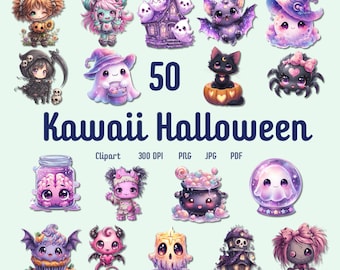 50 Kawaii Halloween Clipart Bundle, Cute Pastel Spooky, PNG JPG PDF Set, Witch Ghost Pumpkin Digital Stickers Sublimation