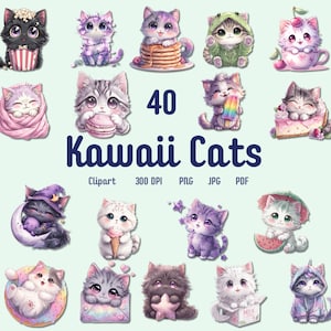 40 Kawaii Cat Clipart PNG Bundle, Adorable cute cat Clipart for Scrapbooking, Planners, T-Shirts, print on demand, commercial use