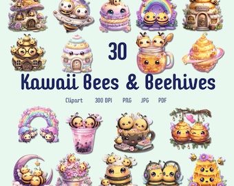 30 Kawaii Bees and Beehives Clipart Bundle, Cute Honey Bee Digital Art for Sublimation Stickers Crafts Scrapbooking PNG JPG PDF Set
