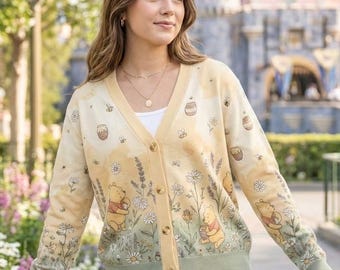 Winnie Puuh Blumen Strickjacke, Disney Pooh Bär Strickjacke, Honig Garten Pastell Thema, Gemütliches Disney Outfit