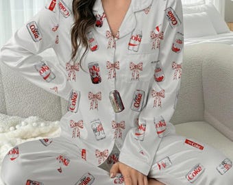 Diet Coke Pajamas, Matching Holiday Pajamas, Gift for Diet Coke Lover, Dr. Pepper, Coquette Drinks Satin Pajama Set, Coquette Diet Pepper
