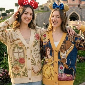 Può includere: Due donne indossano cardigan a tema e fasce per capelli con orecchie di topo davanti a un castello. Un cardigan è color crema con disegni floreali e di libri, l'altro è giallo e blu con personaggi de La Bella e la Bestia. Il testo "Lost in a good book" è visibile.