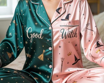 Pyjama en satin Wicked Good Witch, pyjama bicolore inspiré de Wicked, Emerald City, Defy Gravity, Changed for Good, Broadway Theatre, Elphaba Glinda