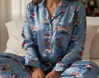 Disney Stitch Christmas Pajamas Set, Santa Stitch Xmas Sleepwear, Stitch Satin Pajamas, Xmas Family Matching, Lilo & Stitch Pajamas Set