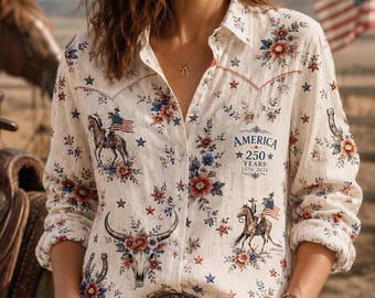 Camisa vaquera de los 250 años de Estados Unidos, blusa floral vaquera patriótica, top vintage de rodeo estadounidense, atuendo de vaquera para el Día de la Independencia, camisa del 4 de julio