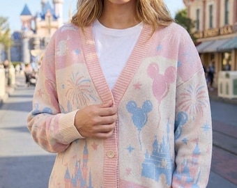 Disneyland Disneyworld Frühling Pastell Mädchen Print Strickjacke, Handgefertigte Kawaii Strickjacke für Frauen, Süß Ästhetisches Disney Outfit