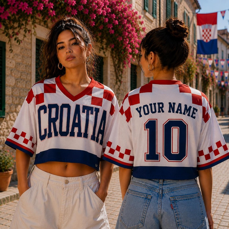 Camiseta corta de fútbol de Croacia con nombre y número personalizados, atuendo para el día del partido, orgullo croata, ropa de festival para mujeres, estética Blokette imagen 1