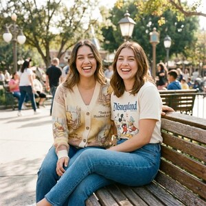 Op de afbeelding: Een beige vest met V-hals en knopen, voorzien van Winnie de Poeh-illustraties en de tekst Back to the Hundred Acre Wood, gecombineerd met een cr&egrave;mekleurig T-shirt met korte mouwen, Disneyland-tekst en afbeeldingen van Mickey en Donald Duck.