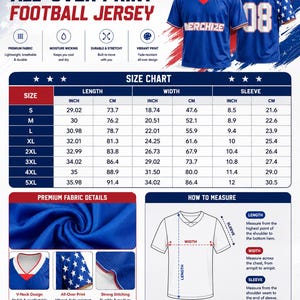 Puede incluir: Una camiseta de f&uacute;tbol americano azul con estrellas blancas en las mangas y el texto NERCHIZE al frente y atr&aacute;s. La imagen incluye una tabla de tallas con medidas en cm, detalles de la tela y un diagrama sobre c&oacute;mo medir largo, ancho y manga.