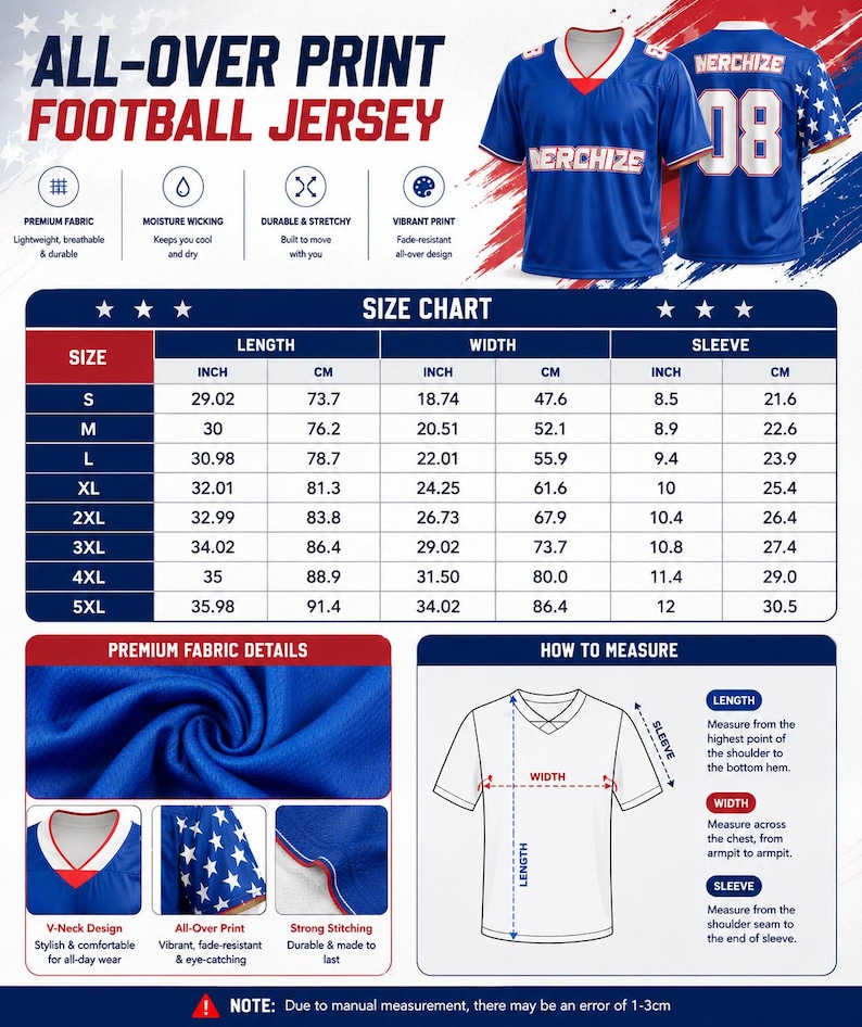 Puede incluir: Una camiseta de f&uacute;tbol americano azul con estrellas blancas en las mangas y el texto NERCHIZE al frente y atr&aacute;s. La imagen incluye una tabla de tallas con medidas en cm, detalles de la tela y un diagrama sobre c&oacute;mo medir largo, ancho y manga.