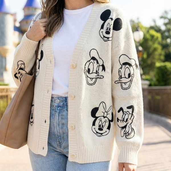 Mickey and Friends Print Cardigan, Handmade Kawaii Cardigan for Women, Cute Aesthetic Disney Outfit, Disneyland Disneyworld Shirt