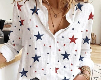 Camiseta Americana Star, Blusa de aniversario de EE. UU., Top vintage del 4 de julio, Camiseta de mujer del Día de la Independencia, Blusa patriótica de manga larga