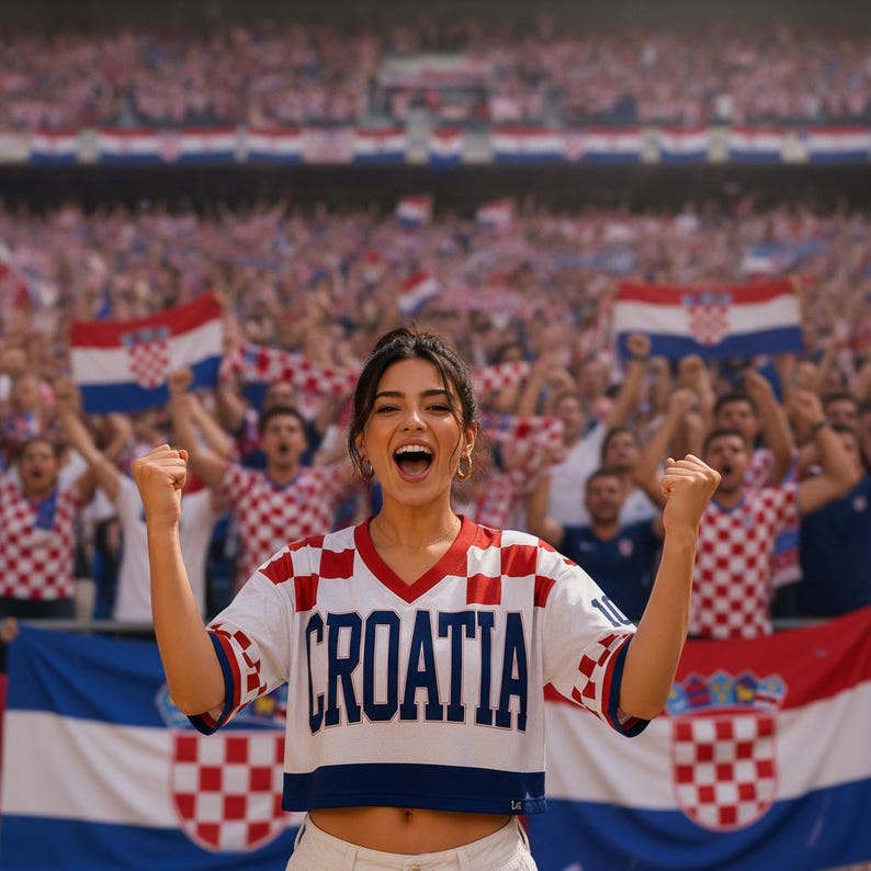Puede incluir: Una camiseta corta de color blanco, rojo y azul con la palabra CROATIA impresa en letras grandes de color azul oscuro en el pecho. Las mangas y el cuello presentan un patr&oacute;n de cuadros rojos y blancos, y se lleva en un estadio lleno.