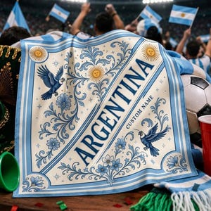 May include: A square fabric banner featuring a light blue and white colour scheme with the word ARGENTINA printed in large blue letters. The design includes intricate floral scrollwork, two flying blue birds, and three sun icons.