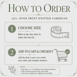 Op de afbeelding: Een instructieafbeelding met de titel HOW TO ORDER ALL-OVER PRINT KNITTED CARDIGAN. Stap 1 toont een meetlintpictogram om de maat te kiezen. Stap 2 toont een winkelwagentje met tekst om toe te voegen aan de winkelwagen. Notities bevatten 1-3 cm.