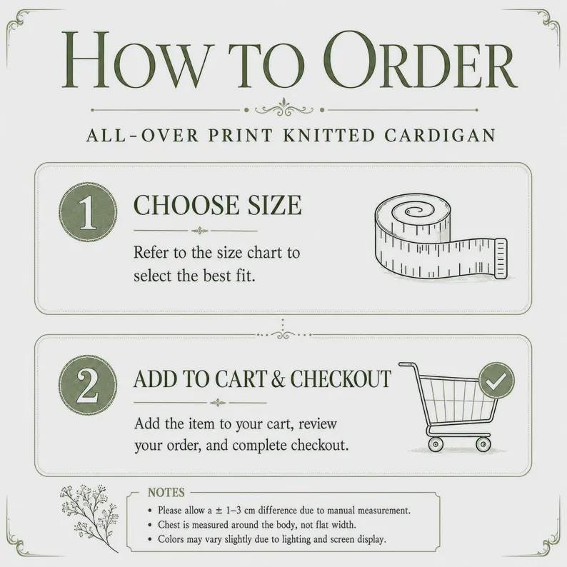 Op de afbeelding: Een instructieafbeelding met de titel HOW TO ORDER ALL-OVER PRINT KNITTED CARDIGAN. Stap 1 toont een meetlintpictogram om de maat te kiezen. Stap 2 toont een winkelwagentje met tekst om toe te voegen aan de winkelwagen. Notities bevatten 1-3 cm.