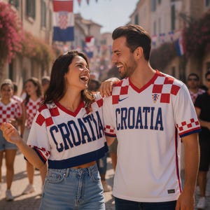 Puede incluir: Dos camisetas de f&uacute;tbol blancas de Croacia con un patr&oacute;n de cuadros rojos y blancos en los hombros y mangas. Las camisetas muestran la palabra CROATIA en letras azules en el pecho, con un peque&ntilde;o logotipo de swoosh azul en el lado derecho.