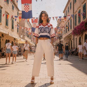 Puede incluir: Una camiseta corta blanca con cuello en V que presenta la palabra CROATIA en letras azules en el pecho, acentuada con patrones de cuadros rojos y blancos en las mangas y hombros, combinada con pantalones anchos de tiro alto.