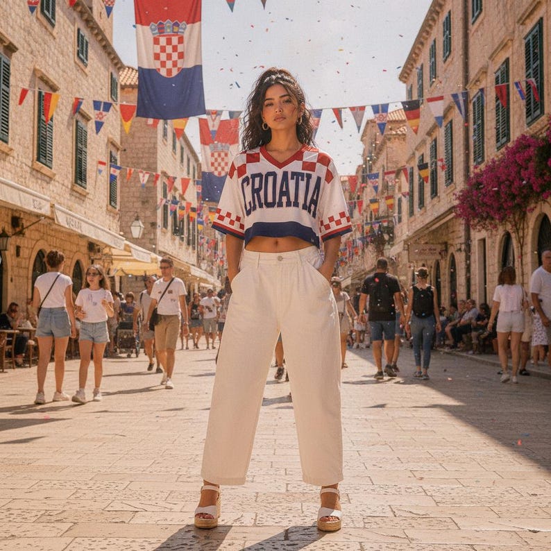 Puede incluir: Una camiseta corta blanca con cuello en V que presenta la palabra CROATIA en letras azules en el pecho, acentuada con patrones de cuadros rojos y blancos en las mangas y hombros, combinada con pantalones anchos de tiro alto.