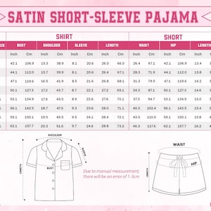 Peut inclure: Un tableau rose avec les mesures d'un pyjama satin&eacute; &agrave; manches courtes. Le tableau comprend des mesures en pouces et en centim&egrave;tres pour la chemise et le short, notamment le tour de poitrine, les &eacute;paules, les manches, la taille et les hanches.