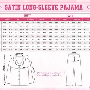 Peut inclure: Tableau de mesures pour un pyjama satin&eacute; &agrave; manches longues. Les mesures sont en pouces et en centim&egrave;tres pour les tailles de chemise et de pantalon. Comprend la longueur, le tour de poitrine, l'&eacute;paule, la manche, la taille, l'entrejambe et les hanches.