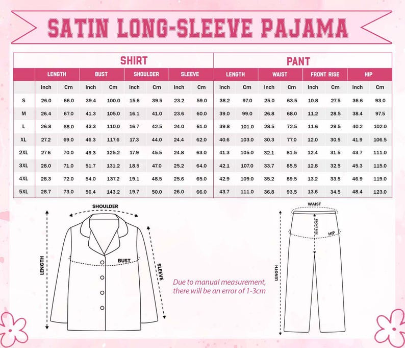 Peut inclure: Tableau de mesures pour un pyjama satin&eacute; &agrave; manches longues. Les mesures sont en pouces et en centim&egrave;tres pour les tailles de chemise et de pantalon. Comprend la longueur, le tour de poitrine, l'&eacute;paule, la manche, la taille, l'entrejambe et les hanches.