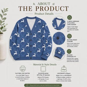 Op de afbeelding: Een blauw vest met V-hals en een wit herhalend patroon van herten en ruiten. Het kledingstuk heeft een knoopsluiting, lange mouwen en is gemaakt van een polyester-mix met een platte print van 270 g/m&sup2;.