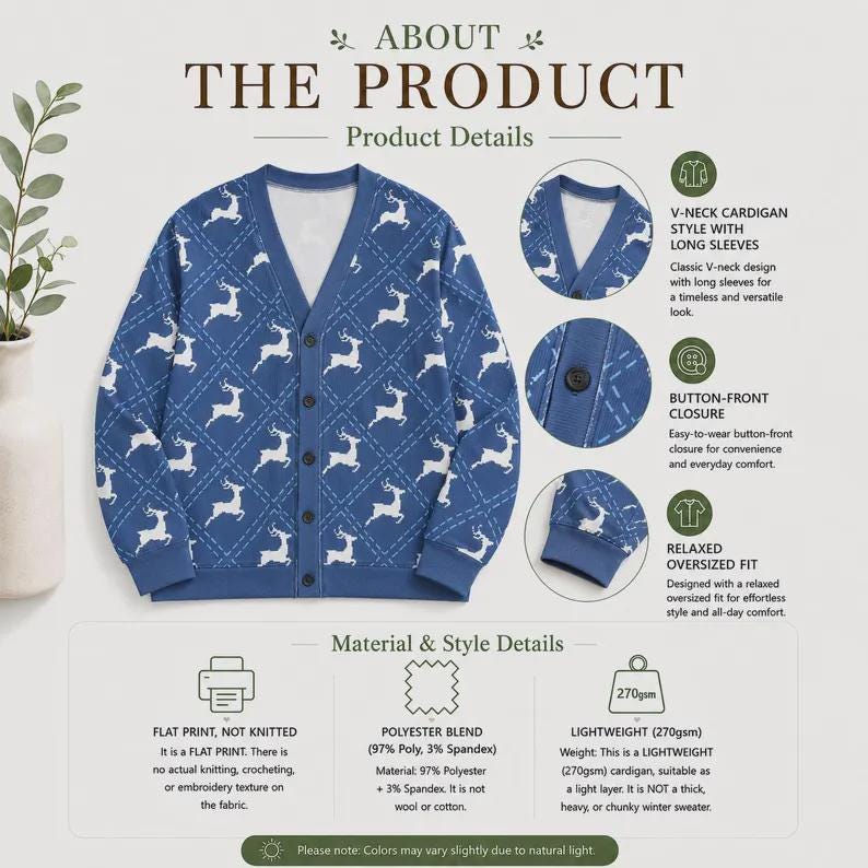 Op de afbeelding: Een blauw vest met V-hals en een wit herhalend patroon van herten en ruiten. Het kledingstuk heeft een knoopsluiting, lange mouwen en is gemaakt van een polyester-mix met een platte print van 270 g/m&sup2;.