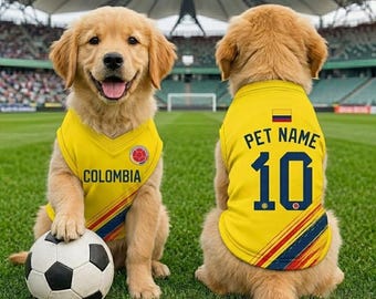 Camisa personalizada da Colômbia para seu pet, camiseta de futebol personalizada para cachorro, roupa para a Copa do Mundo de 2026, camiseta para pet torcedor da Colômbia.