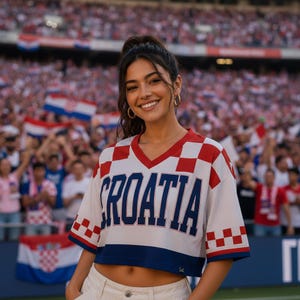 Puede incluir: Una camiseta blanca corta con cuello en V que presenta un patr&oacute;n de cuadros rojos y blancos en los hombros y mangas, con la palabra CROATIA impresa en grandes letras azules en el pecho, combinada con pantalones claros en un estadio.