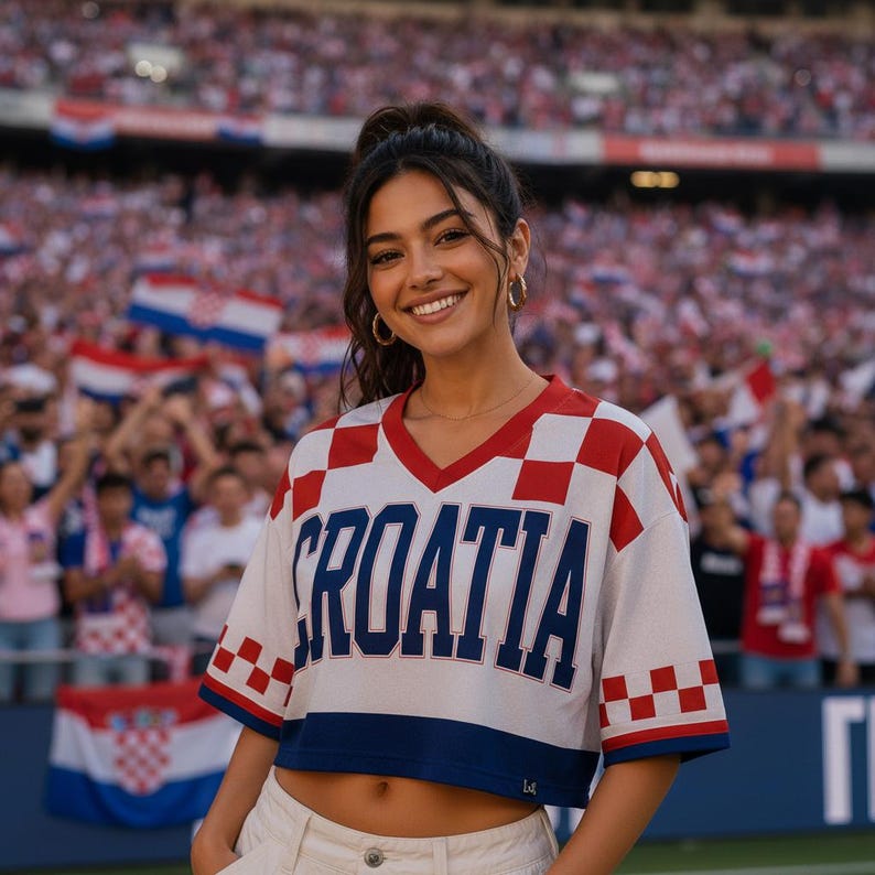 Puede incluir: Una camiseta blanca corta con cuello en V que presenta un patr&oacute;n de cuadros rojos y blancos en los hombros y mangas, con la palabra CROATIA impresa en grandes letras azules en el pecho, combinada con pantalones claros en un estadio.