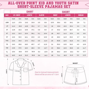 Peut inclure: Un tableau des tailles pour les ensembles de pyjamas courts en satin pour enfants et jeunes. Le tableau comprend des mesures en pouces et en centim&egrave;tres pour les tailles de chemises et de shorts, y compris la demi-poitrine, la longueur, la manche, la taille et l'entrejambe. Le texte "ALL-OVER PRINT KID AND YOUTH SATIN SHORT-SLEEVE PAJAMAS SET" est en haut.