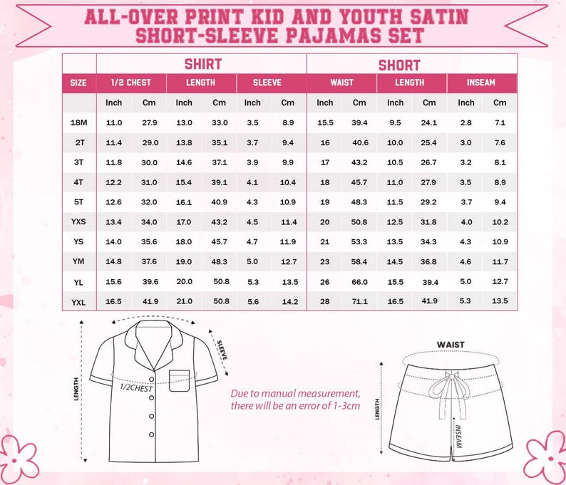 Peut inclure: Un tableau des tailles pour les ensembles de pyjamas courts en satin pour enfants et jeunes. Le tableau comprend des mesures en pouces et en centim&egrave;tres pour les tailles de chemises et de shorts, y compris la demi-poitrine, la longueur, la manche, la taille et l'entrejambe. Le texte "ALL-OVER PRINT KID AND YOUTH SATIN SHORT-SLEEVE PAJAMAS SET" est en haut.