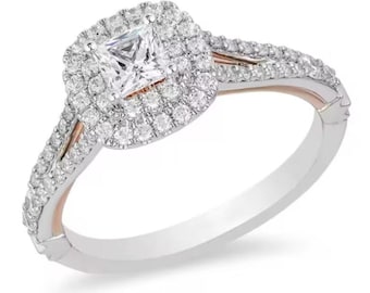 Disney Enchanted, Disney Belle-ring, Princess Cut met ronde dubbele halo gesimuleerde diamanten ring, tweekleurige Enchanted Rose-ring in 935 zilver