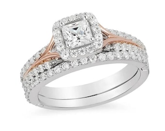 Anel Encantado da Disney, Anel da Aurora da Disney, Anel de Noivado com Moldura em Diamante Princesa de 0,5 Ct, Anel de Noivado Bicolor, Presente Clássico de Natal