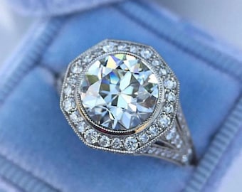 Antique Art Deco Old European Cut Diamond Ring, Octagon Shape Halo Engagement Ring, Vintage Rings For Women, Iconic Retro Edwardian Ring