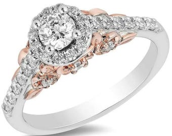 Anel Encantado da Disney, Anel da Bela da Disney, Anel de Noivado com Diamante Simulado de 1,5 Quilates, Anel de Noivado em Prata de Lei 925, Anel Bicolor