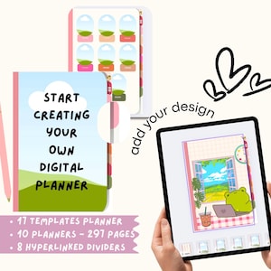 以下が含まれることがあります： 「Start Creating Your Own Digital Planner」と書かれた青い表紙のデジタルプランナー。画像には、カエルのグラフィックと一連のプランナーディバイダーが表示されたプランナーページを表示するタブレットも表示されています。