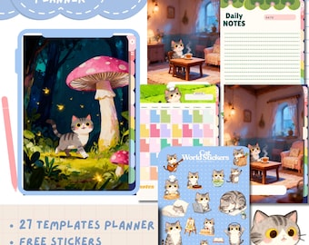 Cuaderno digital con diseño de gato adorable y acogedor, agenda estética Kawaii para GoodNotes y pegatinas gratis, agenda digital 2026-2027