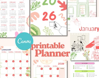 Planificador 2026: Calendario diario, semanal y mensual (Plantilla editable de Canva, PDF imprimible)