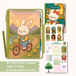 May include: A digital planner with a cartoon rabbit theme. The planner includes a cover with a rabbit riding a bicycle, a meal planner, stickers, and dividers. Text on the image reads: "23 TEMPLATES PLANNER", "FREE STICKERS", and "8 HYPERLINKED DIVIDERS".