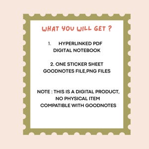 Op de afbeelding: Een digitale productaankondiging op een cr&egrave;mekleurige achtergrond met een decoratieve rand. De tekst luidt "WHAT YOU WILL GET?" gevolgd door details over een hyperlinked PDF digitaal notitieboek en een stickerblad.