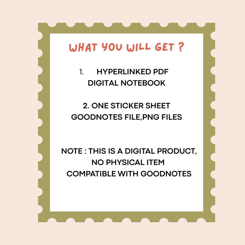 Op de afbeelding: Een digitale productaankondiging op een cr&egrave;mekleurige achtergrond met een decoratieve rand. De tekst luidt "WHAT YOU WILL GET?" gevolgd door details over een hyperlinked PDF digitaal notitieboek en een stickerblad.