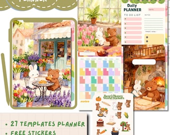 Cuaderno digital con diseño de conejito adorable y acogedor, agenda estética Kawaii para GoodNotes y pegatinas gratis, agenda digital 2026-2027