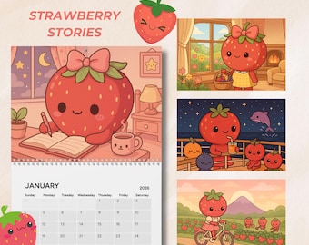 Calendario de fresas kawaii 2026 / Calendario de arte natural adorable / Calendario de pared ecológico / Planificador para el hogar y la oficina / Regalo para amantes de los animales