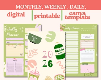 Planificador 2026: Calendario diario, semanal y mensual. Lindo paquete de planificadores Matcha y caprichosos. Imprimible para comenzar el lunes.