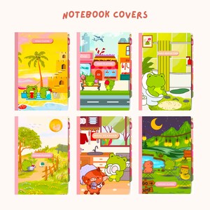 Op de afbeelding: Notitieboekcovers met kleurrijke illustraties. De covers tonen cartoonkikkers in verschillende sc&egrave;nes, waaronder een strand, een stad, een badkamer, een park, een keuken en een camping. Elke cover heeft een ander thema, zoals dagelijkse planning, fitness en maaltijdplanning.